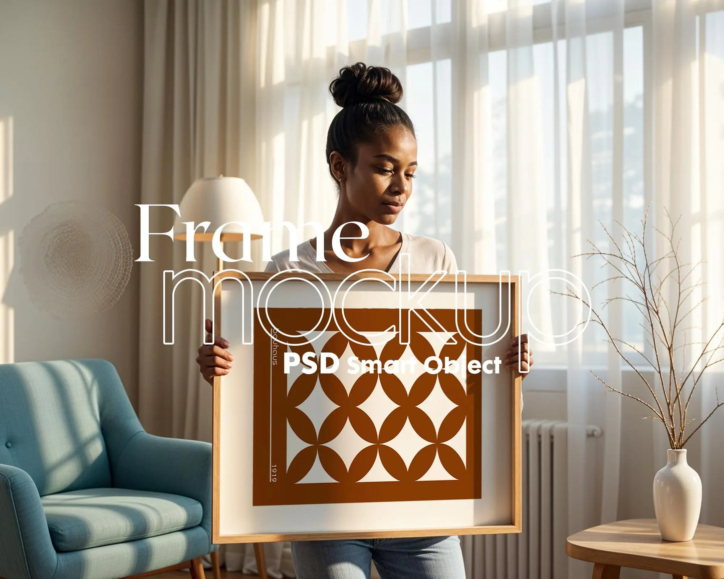 Woman Holding Frame Mockups | Landscape Horizontal Wood Frame Mockup with person | Digital Prints, and Poster Shop Mockup