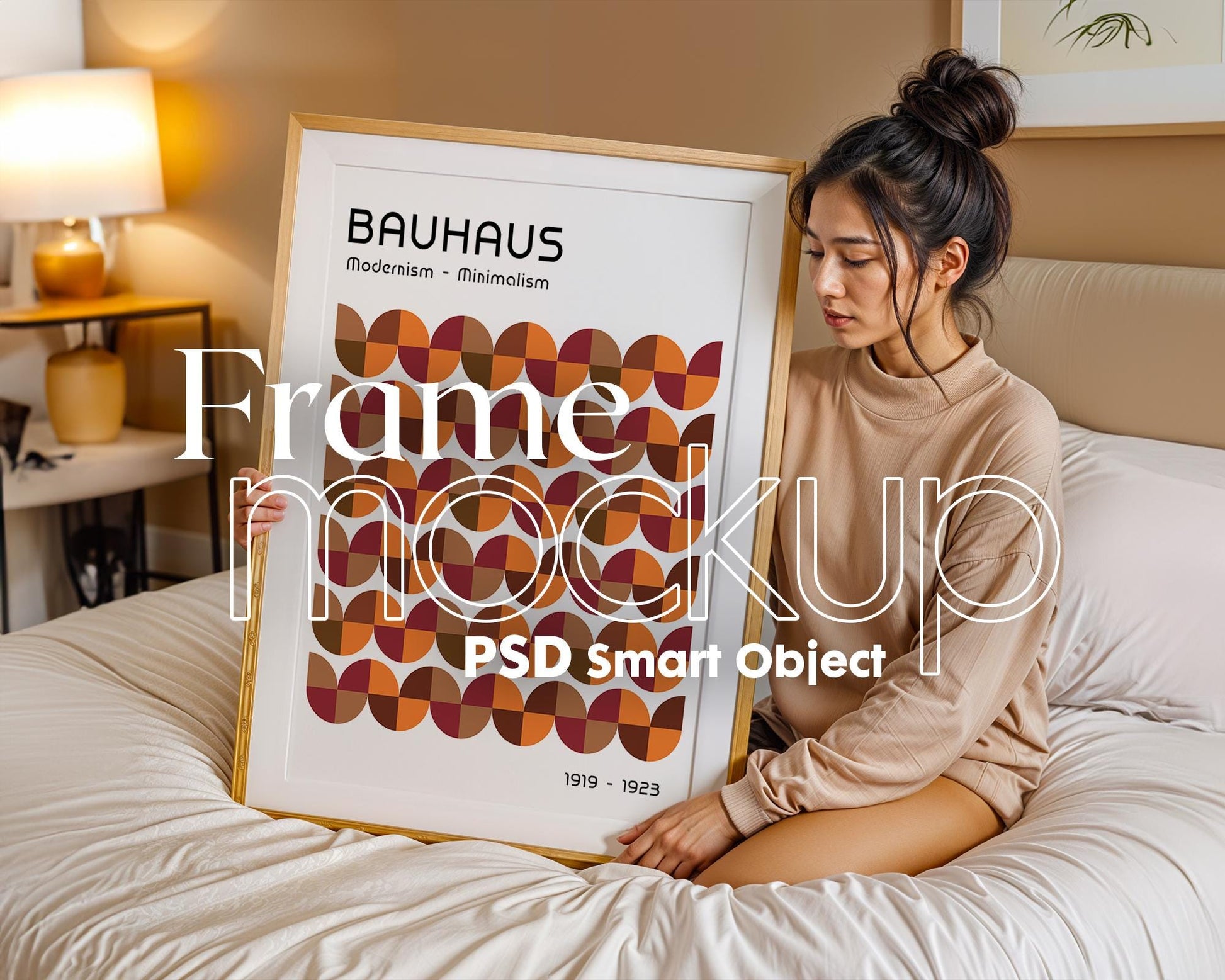 Frame Mockup With Person, PSD Photoshop Mockup, Frame Mockup Home Interior, Bedroom Frame Mockup Woman