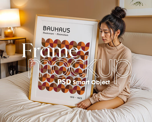 Frame Mockup With Person, PSD Photoshop Mockup, Frame Mockup Home Interior, Bedroom Frame Mockup Woman