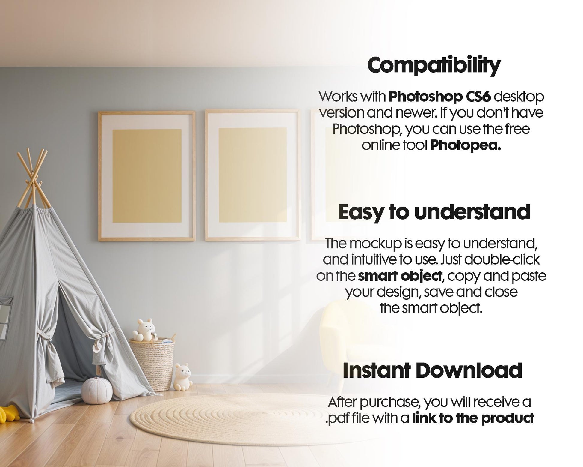 3 Frame Nursery Mockup in Home Interior PSD | Nursery Frame Mockup Frames | Nursery Wall Poster | Poster Shop Mockup