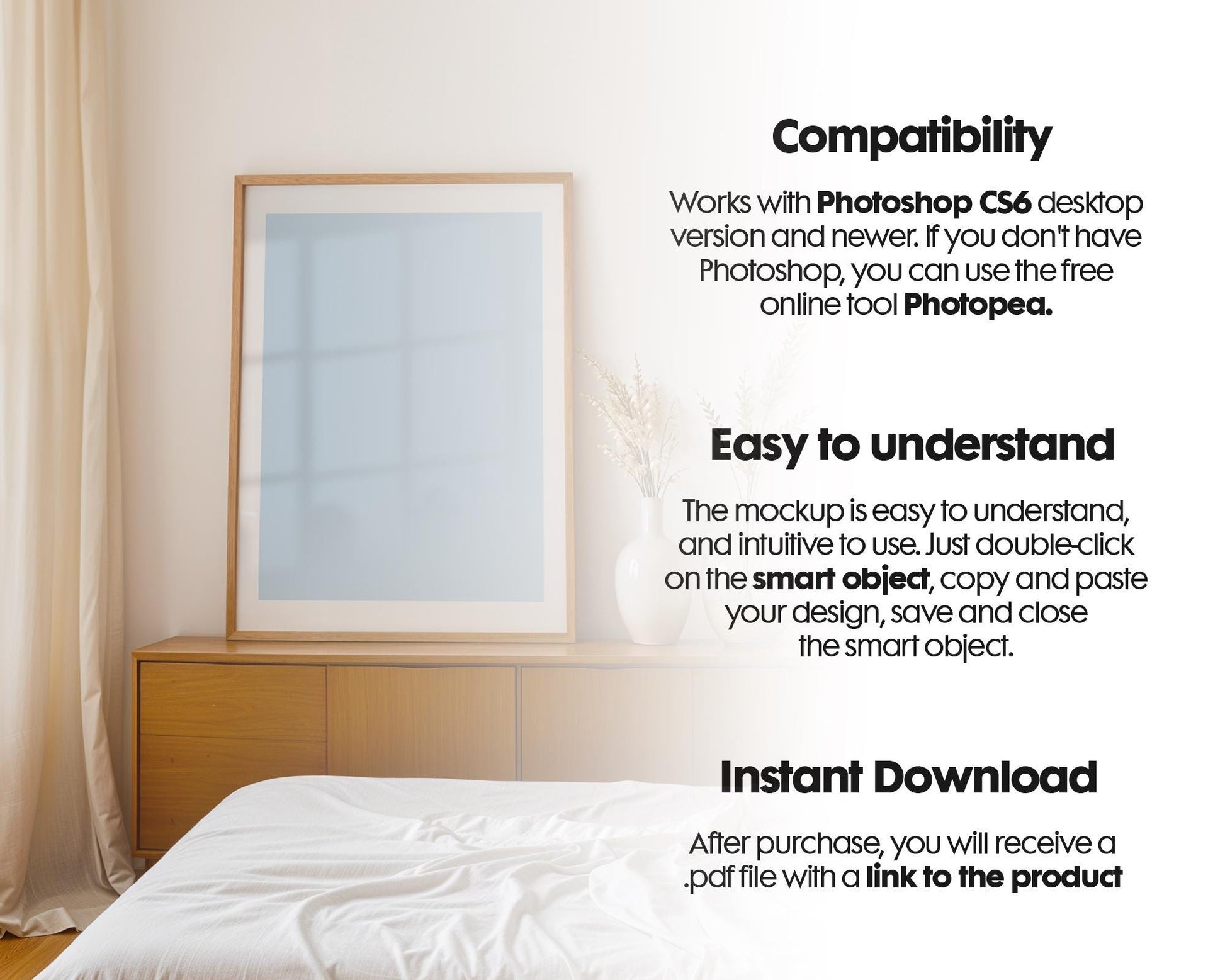 Bedroom Frame Mockup PSD, Soft Aesthetic Bedroom Mockup Frame, Vertical Frame Mockup Bedroom, Glass Reflection Mockup, PSD Smart Object