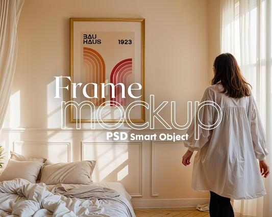 Frame Mockup with Person, Frame Mockup Bedroom, Vertical Frame Mockup Bedroom, Glass Reflection Mockup, PSD Smart Object