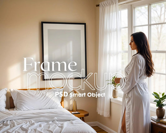 Frame Mockup with Person, Frame Mockup Bedroom, Vertical Frame Mockup Bedroom, Glass Reflection Mockup, PSD Smart Object
