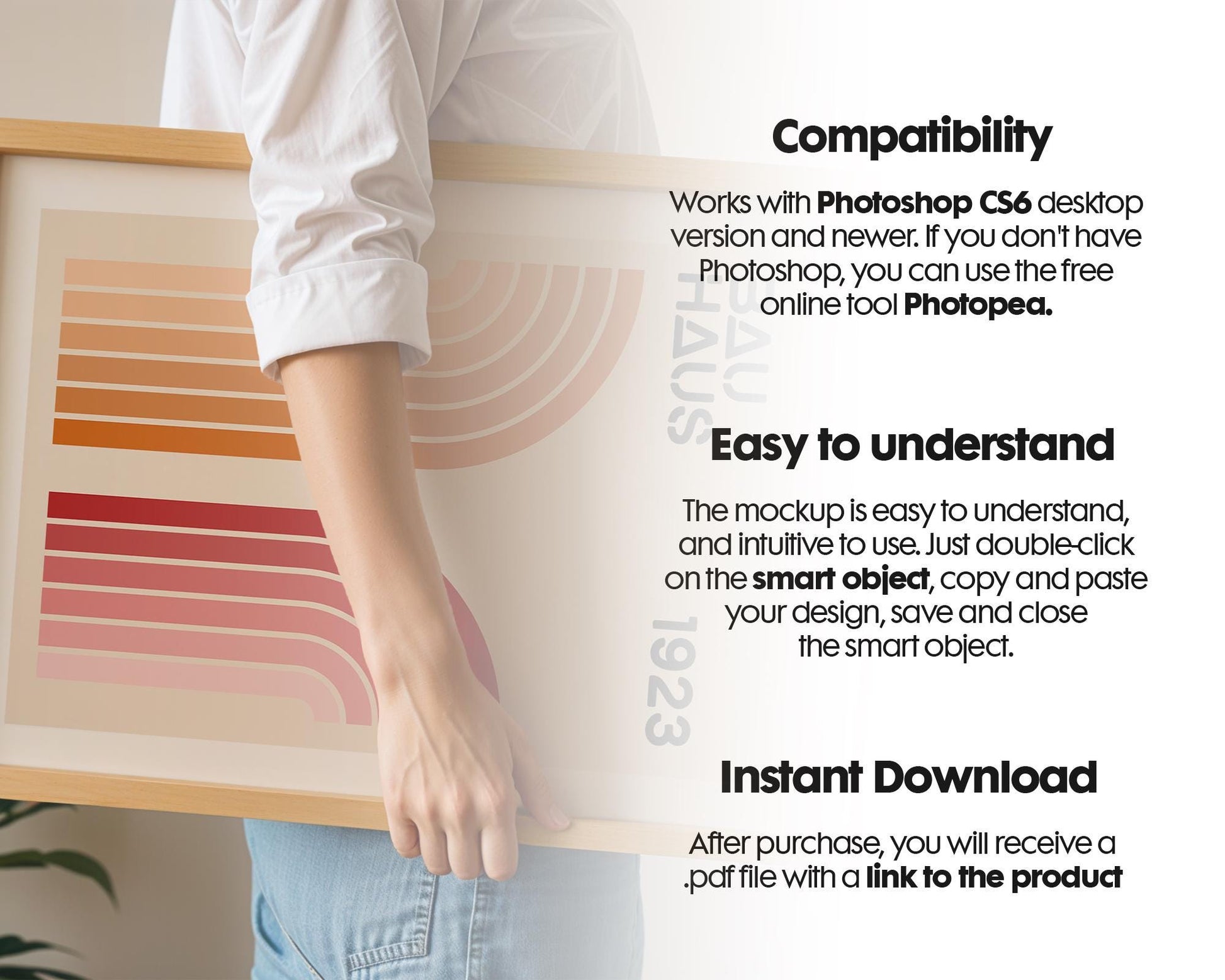 Horizontal Frame Mockup PSD, Woman, Scandinavian Frame Mockup, Wood Frame, Boho Style, Interior Frame, Vertical glass reflection mockup