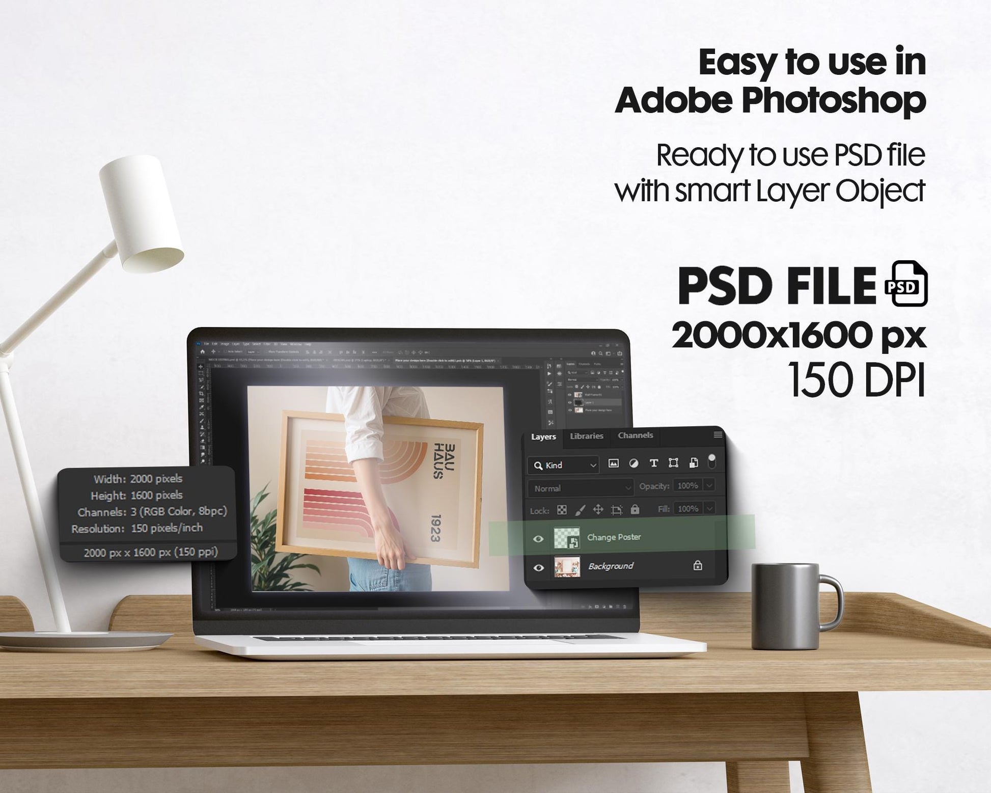 Horizontal Frame Mockup PSD, Woman, Scandinavian Frame Mockup, Wood Frame, Boho Style, Interior Frame, Vertical glass reflection mockup