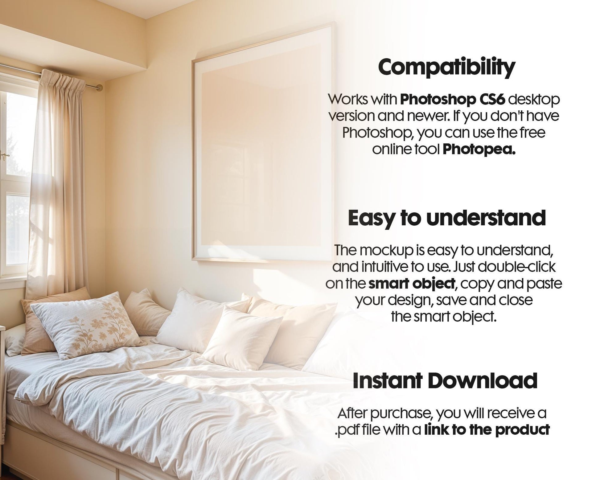 Bedroom Frame Mockup PSD, Soft Aesthetic Bedroom Mockup Frame, Vertical Frame Mockup Bedroom, Glass Reflection Mockup, PSD Smart Object