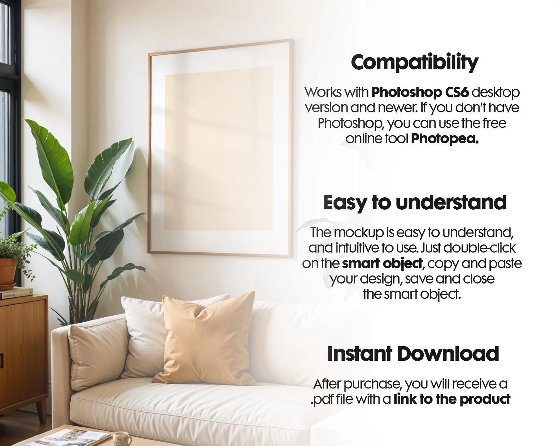 Boho interior Frame Mockup PSD, Scandinavian interior Wooden Frame Mockup, Poster Mockup PSD, Frame Mockup Smart Object