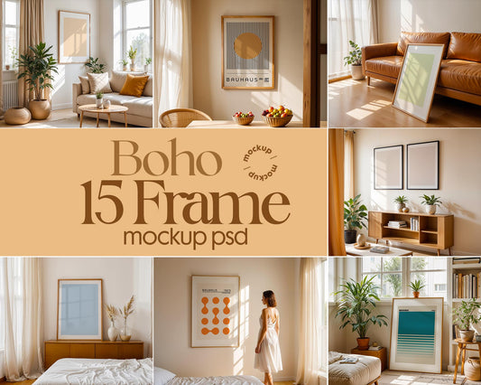15 Frames Mockup PSD Bundle Set, Boho Style Frame Mockup Bundle, Minimal Frame Mockups, Mid Century Modern Templates, PSD Files Collection