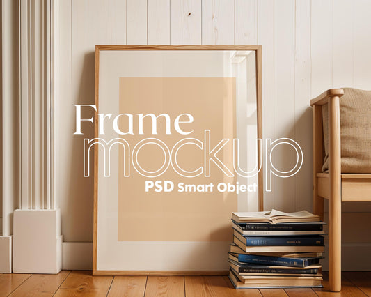 Frame Mockup Living Room | ISO A DIN Ratio | Thin Wood Frame | PSD Mockup | Frame Mockup Midcentury Minimal Home Interior