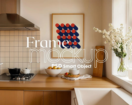 Frame Mockup in Kitchen, ISO A DIN Ratio, Thin Wood Frame, PSD Mockup, Minimal Modern Home Interior Design Mockup