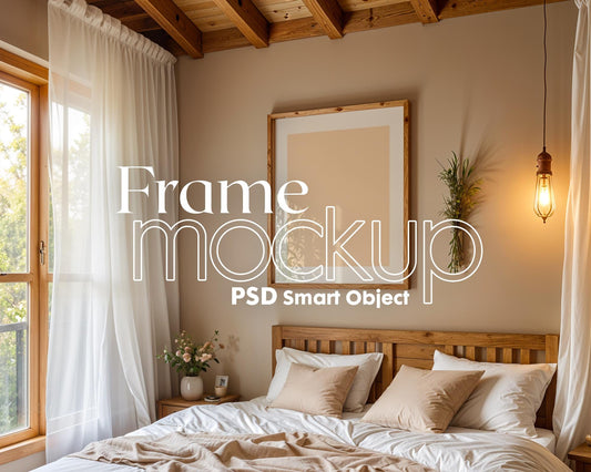 Frame Mockup in Bedroom, ISO A DIN Ratio, Thin Wood Frame, PSD Mockup, Frame Mockup Minimal Home Interior