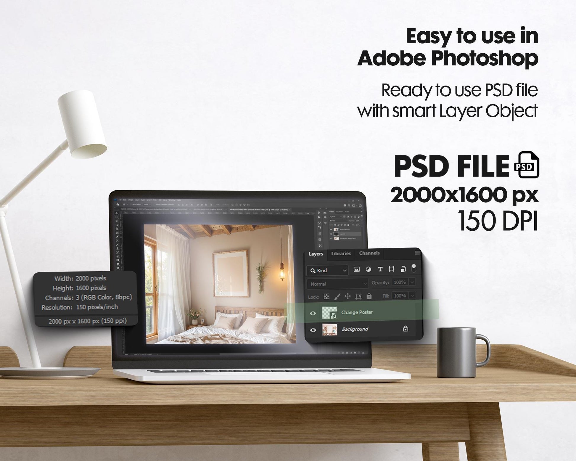Frame Mockup in Bedroom, ISO A DIN Ratio, Thin Wood Frame, PSD Mockup, Frame Mockup Minimal Home Interior