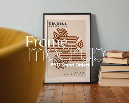 Soft Aesthetic Interior Black Frame Mockup | ISO A DIN Ratio | Thin Wood Frame | PSD Mockup | Frame Mockup Midcentury Minimal Home Interior