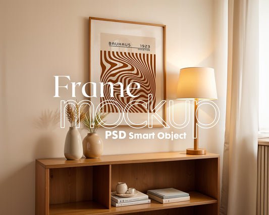 Artwork Mockup PSD | Framed Poster Mockup. DIN A Frame Mock–Up | PSD Photoshop Mockup. Frame Mockup Home Interior
