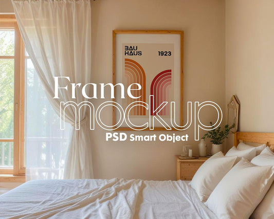 Frame Mockup in Bedroom, ISO A DIN Ratio, Thin Wood Frame, PSD Mockup, Frame Mockup Minimal Home Interior