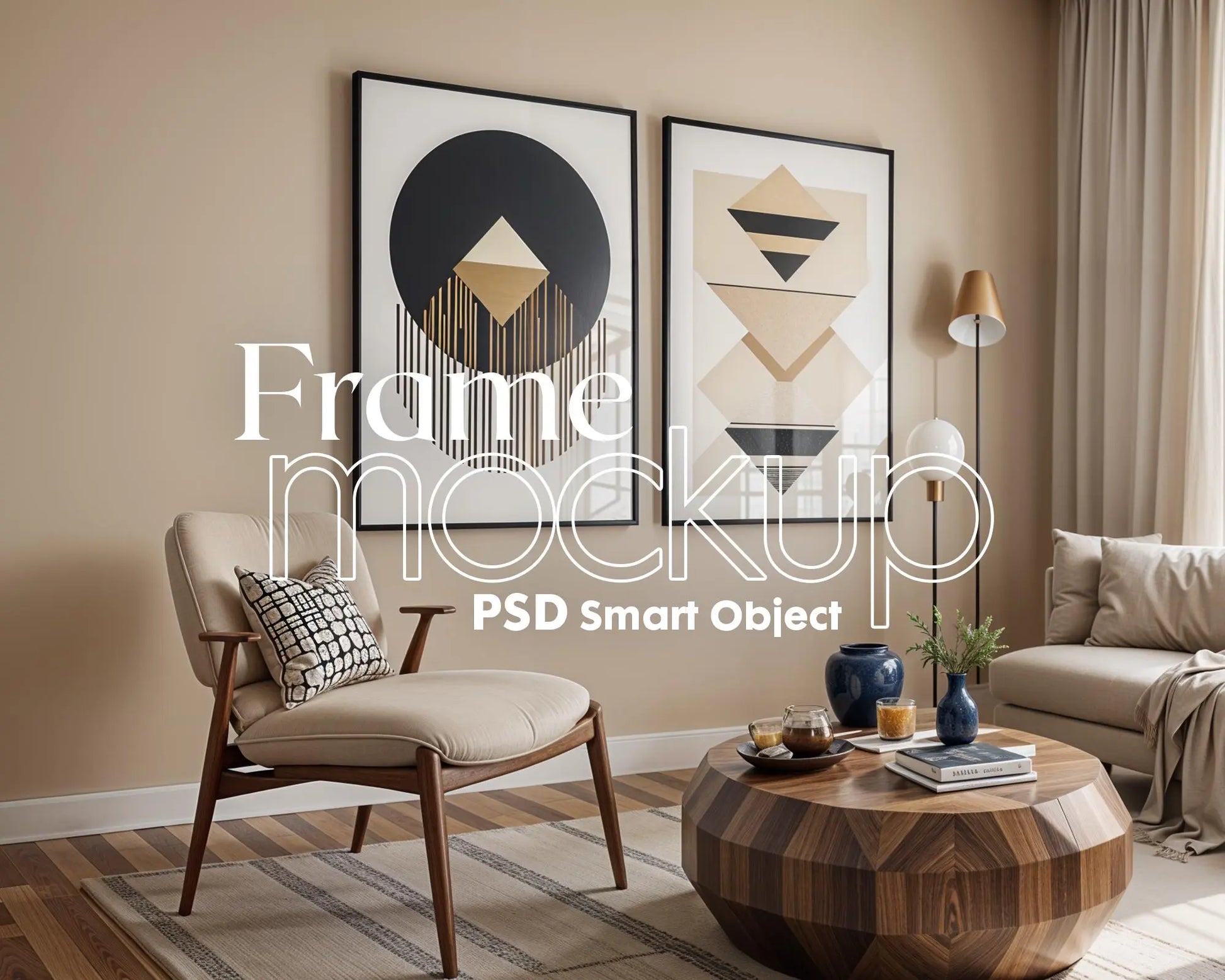 Interior 2 Frames Mockup PSD - Double Wall Art Display, Poster & Frame Set of 2, Interior Mockup for Home Decor