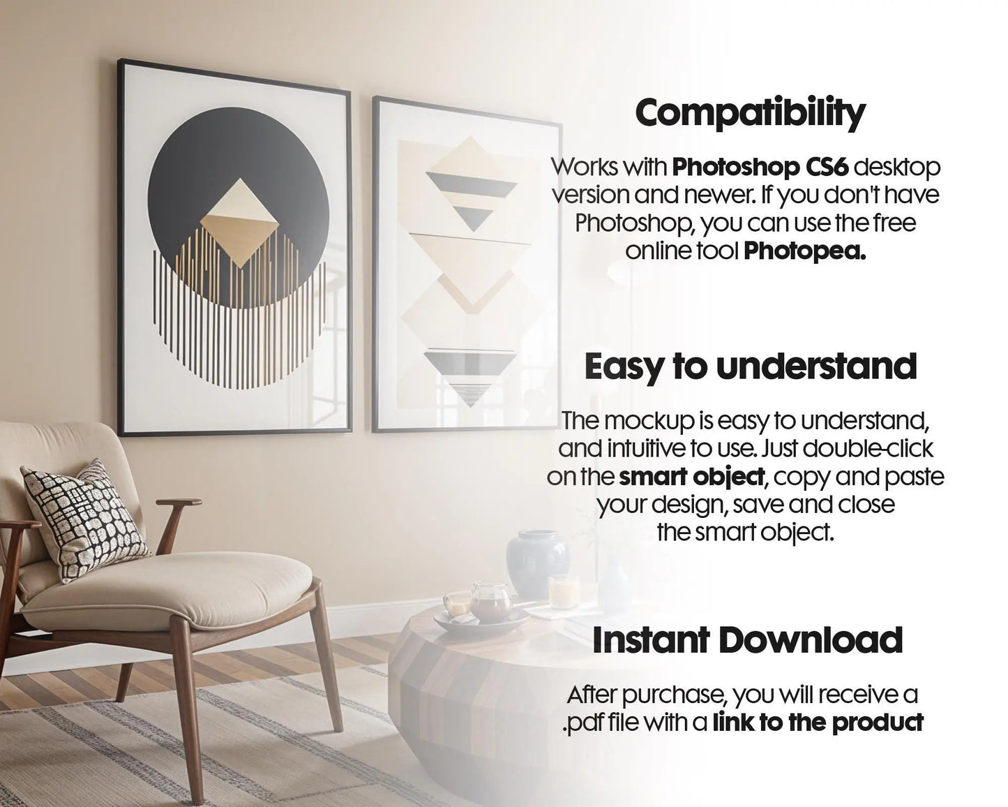 Interior 2 Frames Mockup PSD - Double Wall Art Display, Poster & Frame Set of 2, Interior Mockup for Home Decor