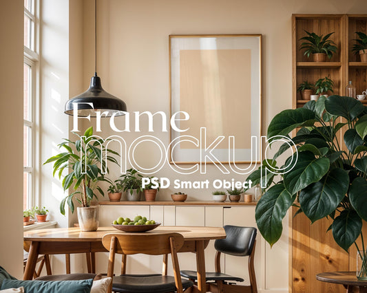 Frame Mockup in Kitchen, ISO A DIN Ratio, Thin Wood Frame, PSD Mockup, Minimal Modern Home Interior Design Mockup