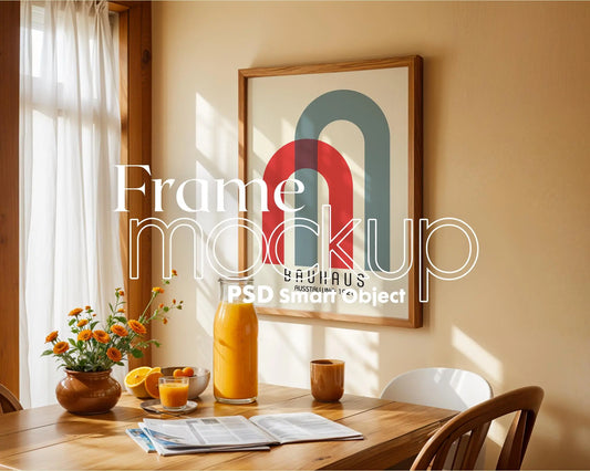 Frame Mockup in Kitchen, ISO A DIN Ratio, Thin Wood Frame, PSD Mockup, Minimal Modern Home Interior Design Mockup