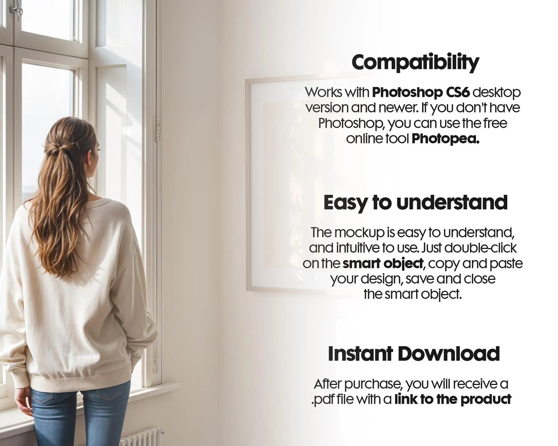 Frame Mockup With Person, PSD Photoshop Mockup, Frame Mockup Home Interior, Interior Frame Mockup Woman