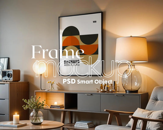 Soft Aesthetic Interior Frame Mockup | ISO A DIN Ratio | Thin Wood Frame | PSD Mockup | Frame Mockup Midcentury Minimal Home Interior