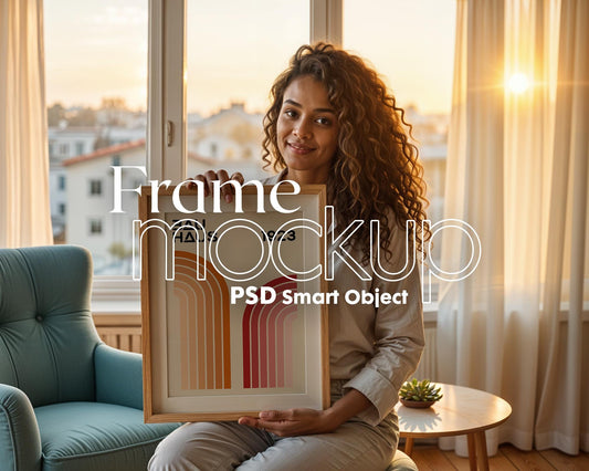 Woman Holding Frame Mockups | Landscape Horizontal Wood Frame Mockup with person | Digital Prints, and Poster Shop Mockup