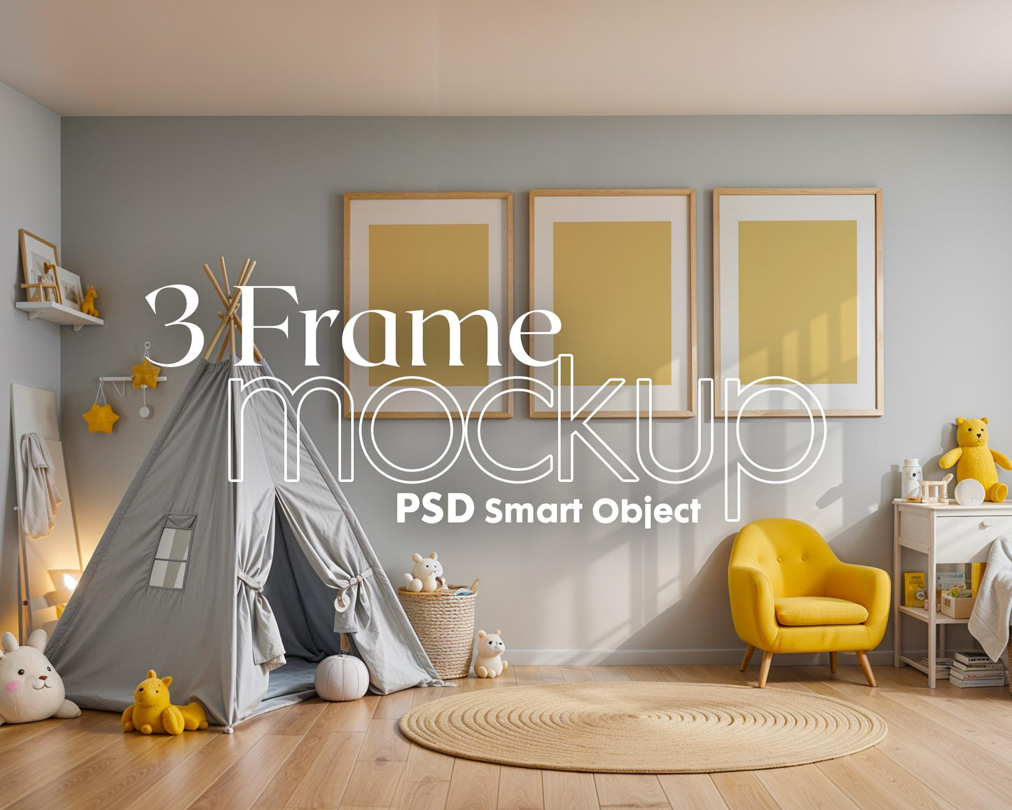 3 Frame Nursery Mockup in Home Interior PSD | Nursery Frame Mockup Frames | Nursery Wall Poster | Poster Shop Mockup