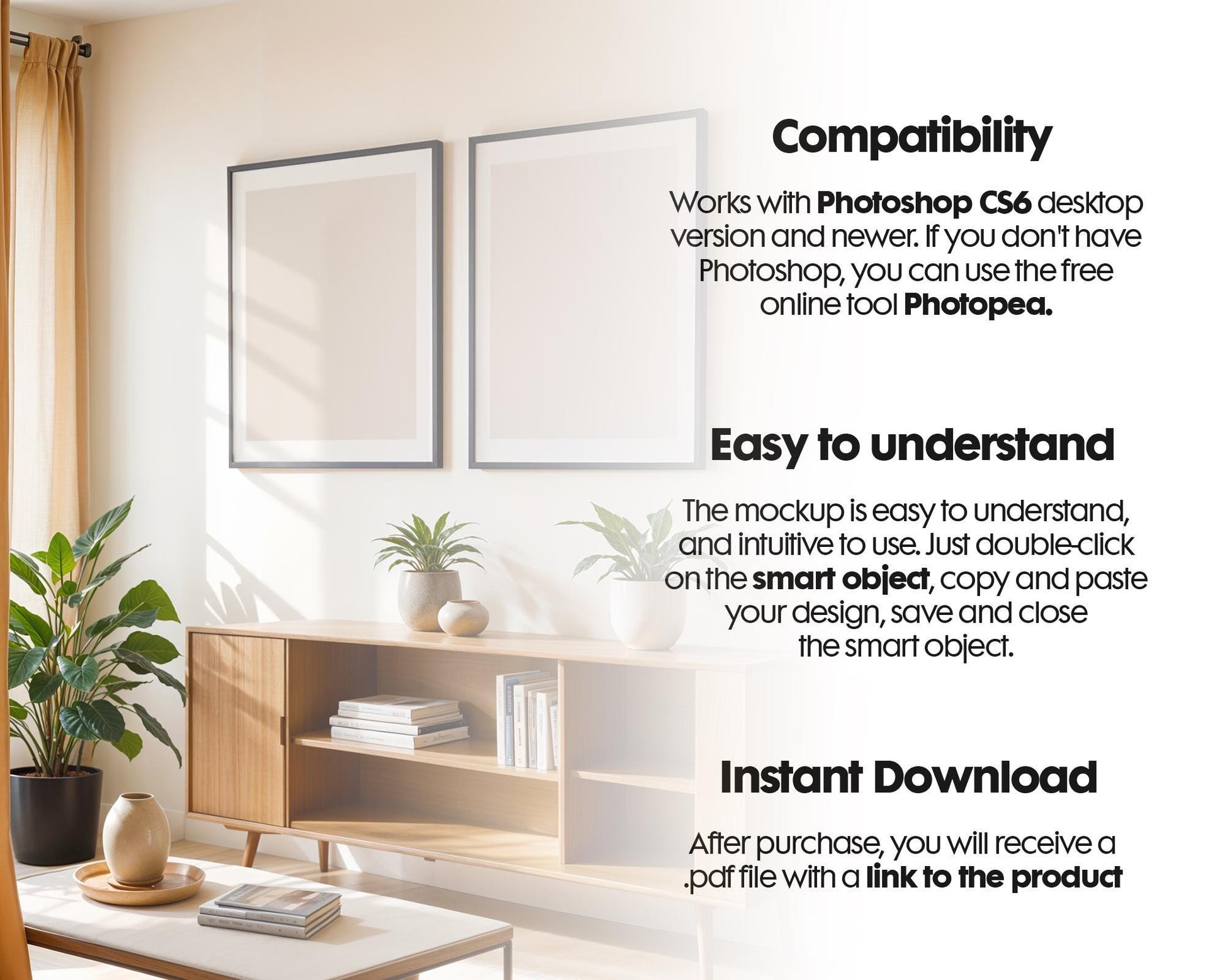 2 Black Frame Mockup PSD, Scandinavian Wooden Frame Mockup, Poster Mockup PSD , Frame Mockup for Print, Frame Mockup Smart Object
