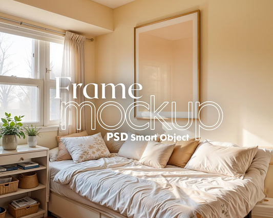 Bedroom Frame Mockup PSD, Soft Aesthetic Bedroom Mockup Frame, Vertical Frame Mockup Bedroom, Glass Reflection Mockup, PSD Smart Object