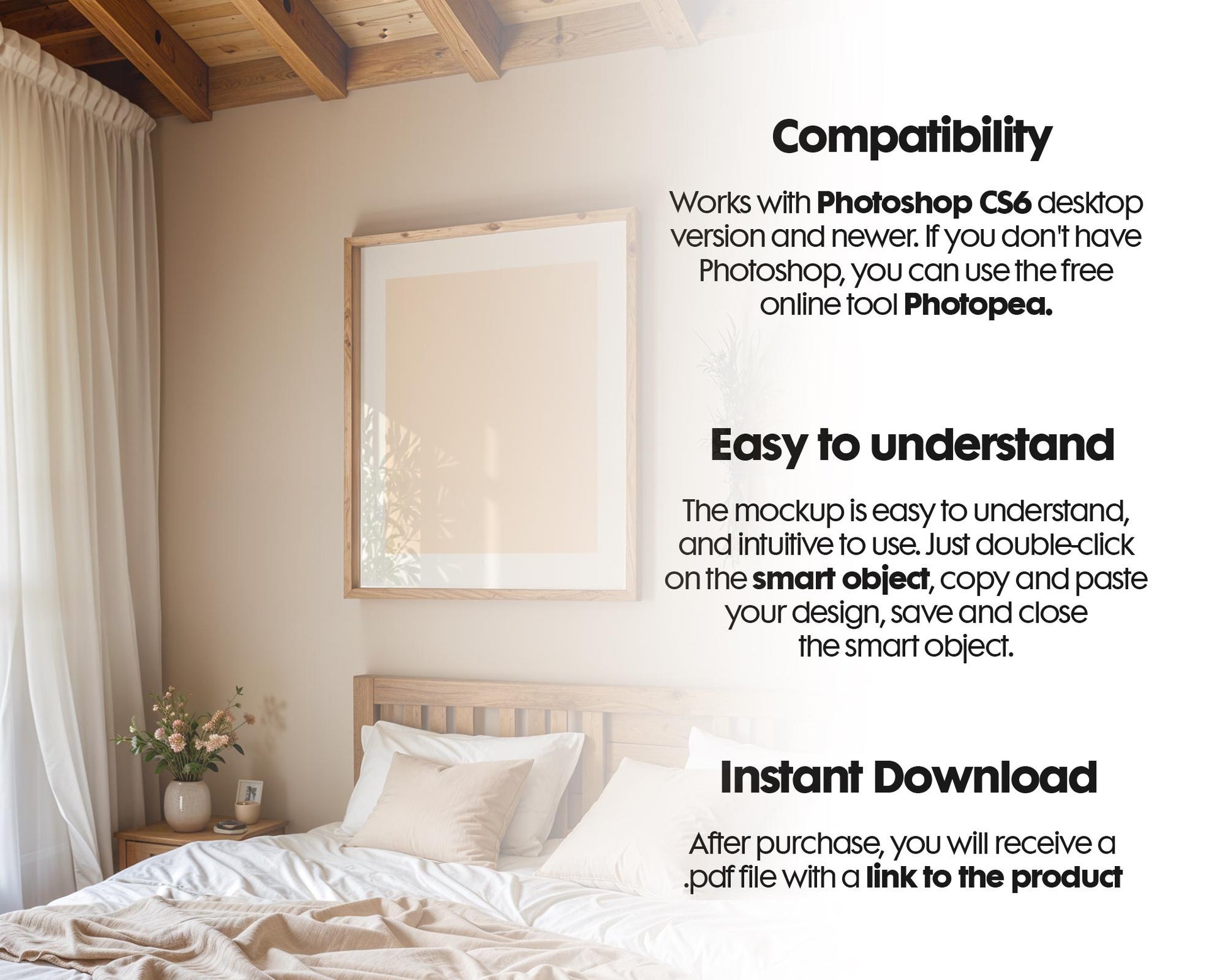 Frame Mockup in Bedroom, ISO A DIN Ratio, Thin Wood Frame, PSD Mockup, Frame Mockup Minimal Home Interior