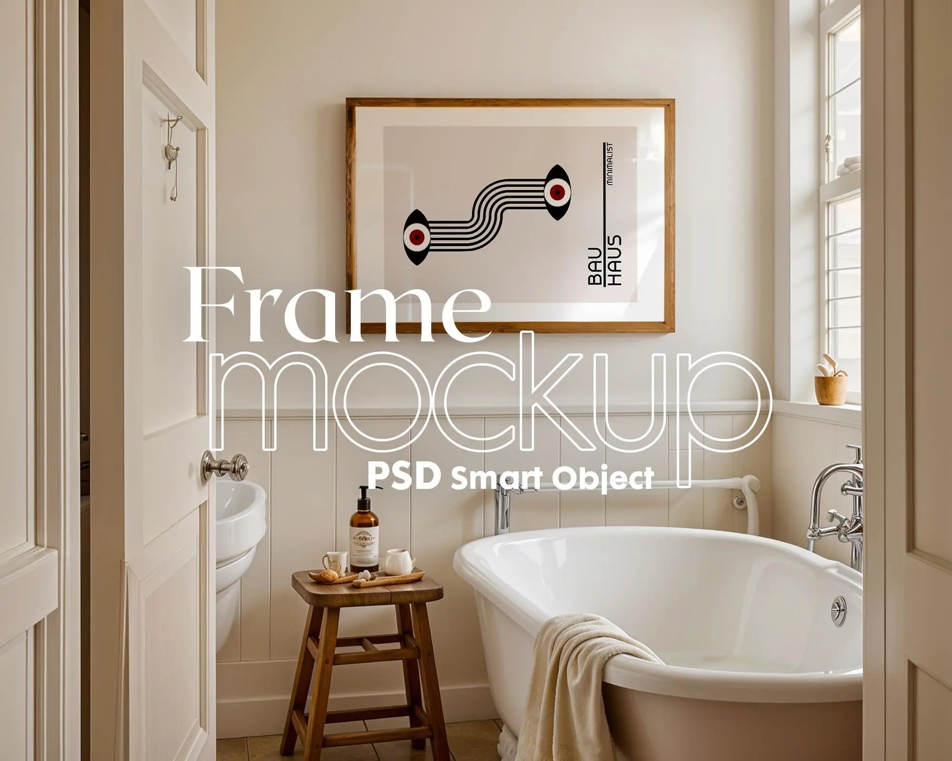 Frame Mockup in Bath, ISO A DIN Ratio, Thin Wood Frame, PSD Mockup, Frame Mockup Minimal Home Interior