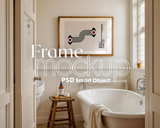 Frame Mockup in Bath, ISO A DIN Ratio, Thin Wood Frame, PSD Mockup, Frame Mockup Minimal Home Interior
