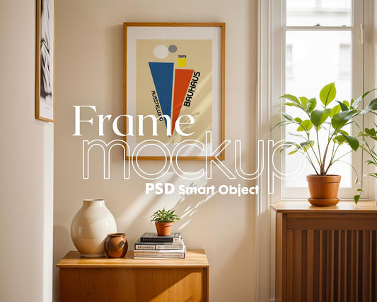 Soft Aesthetic Interior Frame Mockup | ISO A DIN Ratio | Thin Wood Frame | PSD Mockup | Frame Mockup Midcentury Minimal Home Interior