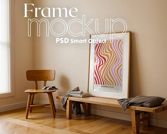 Soft Aesthetic Interior Frame Mockup | ISO A DIN Ratio | Thin Wood Frame | PSD Mockup | Frame Mockup Midcentury Minimal Home Interior