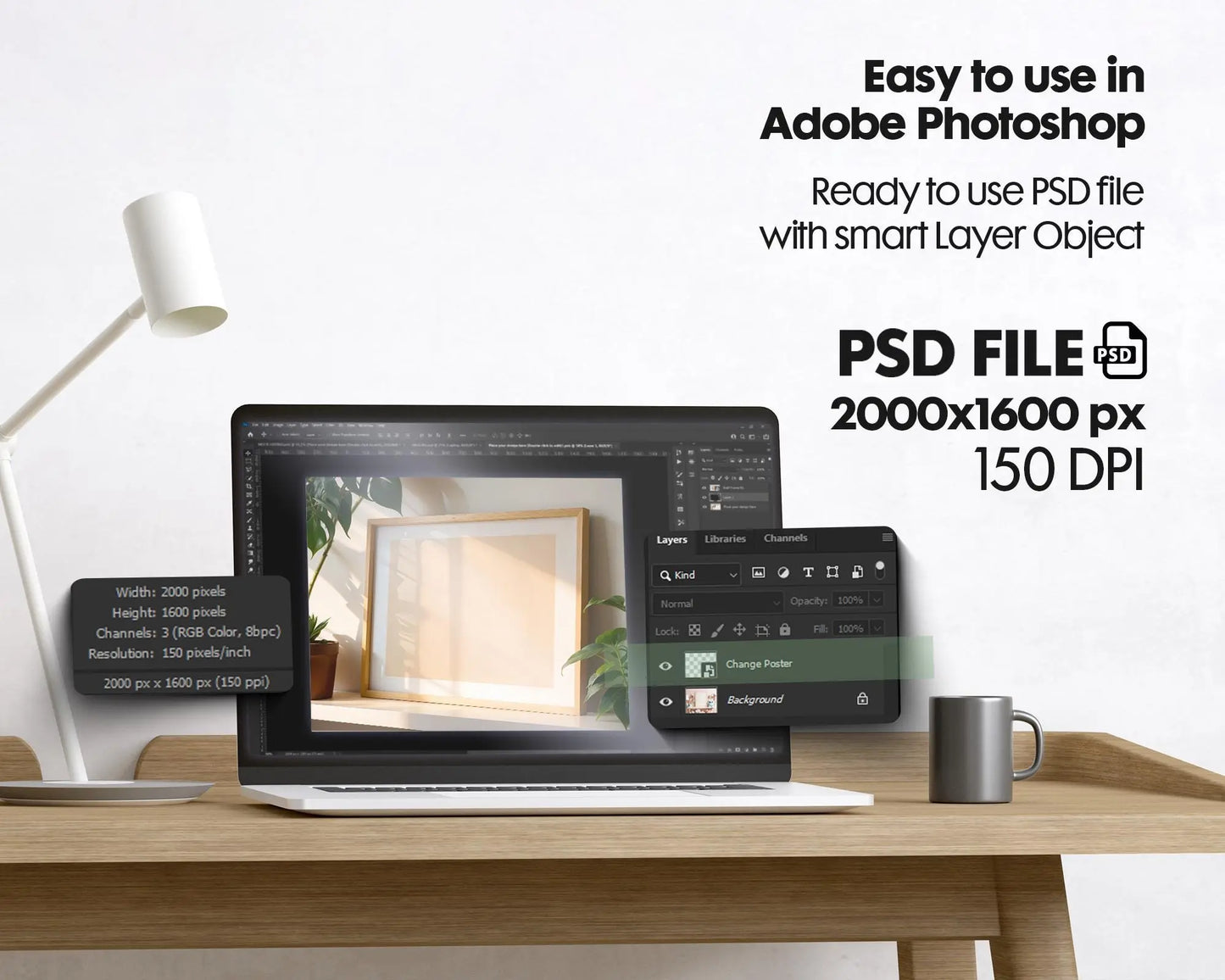 Horizontal Frame Mockup PSD, Scandinavian Wooden Frame Mockup, Poster Mockup PSD , Frame Mockup for Print, Frame Mockup Smart Object