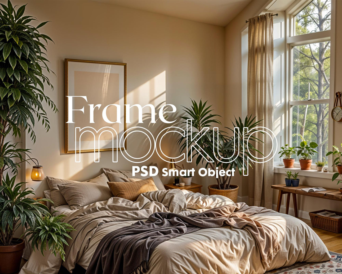 Frame Mockup in Bedroom, ISO A DIN Ratio, Thin Wood Frame, PSD Mockup, Frame Mockup Minimal Home Interior