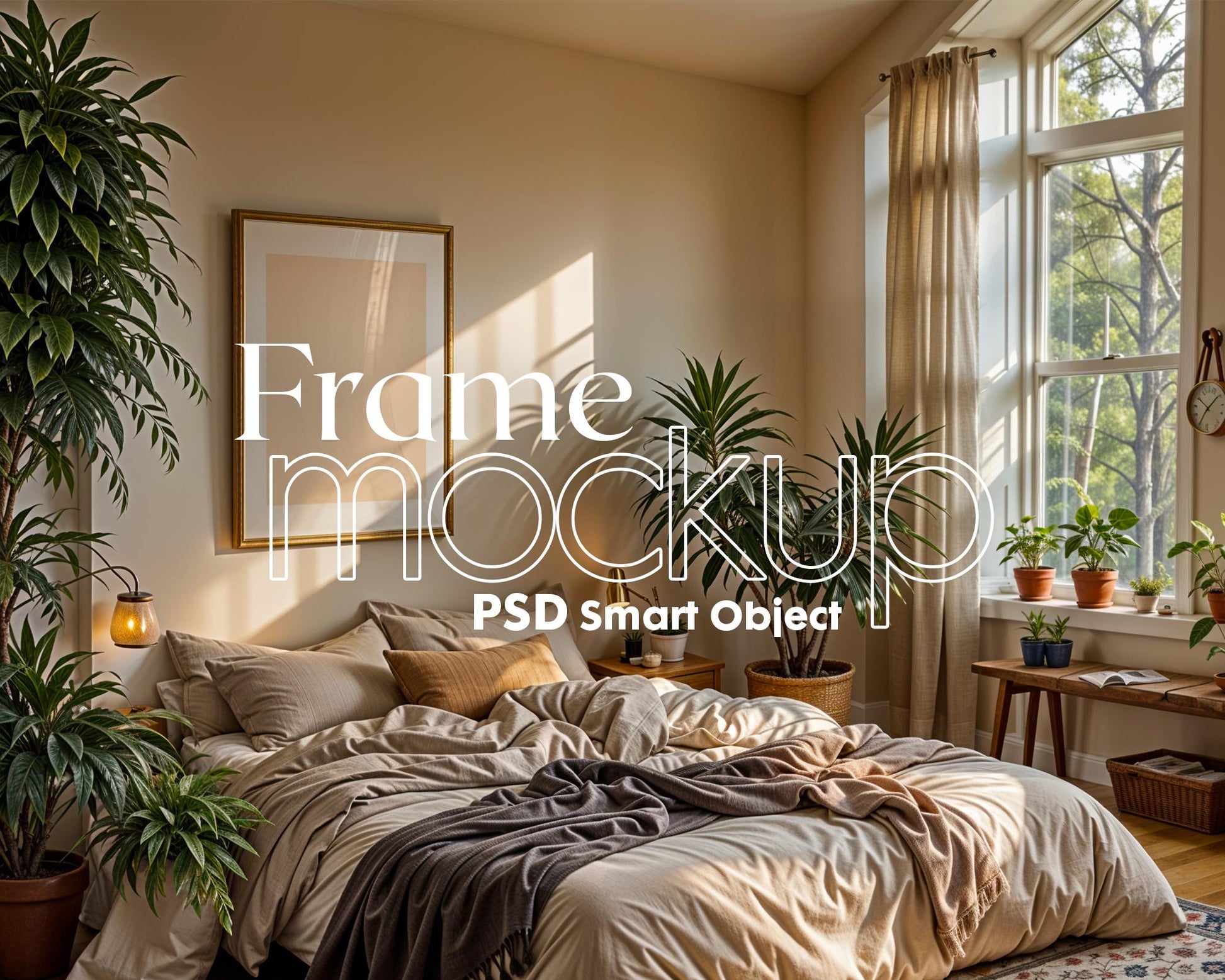 Frame Mockup in Bedroom, ISO A DIN Ratio, Thin Wood Frame, PSD Mockup, Frame Mockup Minimal Home Interior