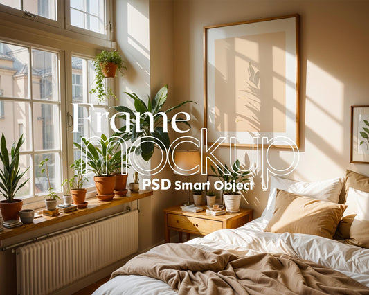 Frame Mockup in Bedroom, ISO A DIN Ratio, Thin Wood Frame, PSD Mockup, Frame Mockup Minimal Home Interior