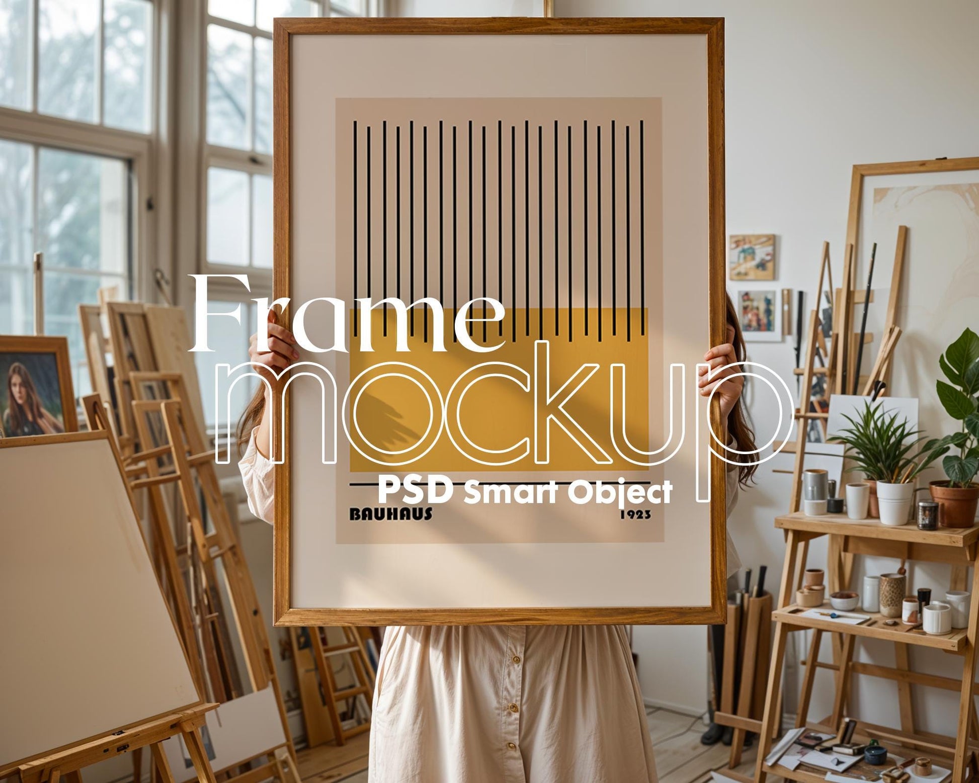 Frame Mockup With Person, PSD Photoshop Mockup, Frame Mockup Home Interior, Interior Frame Mockup Woman