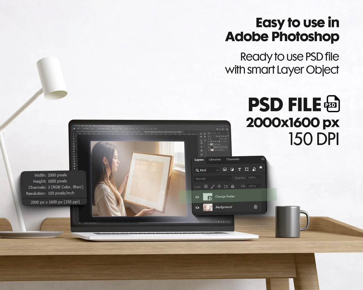 Frame Mockup With Person, PSD Photoshop Mockup, Frame Mockup Home Interior, Interior Frame Mockup Woman