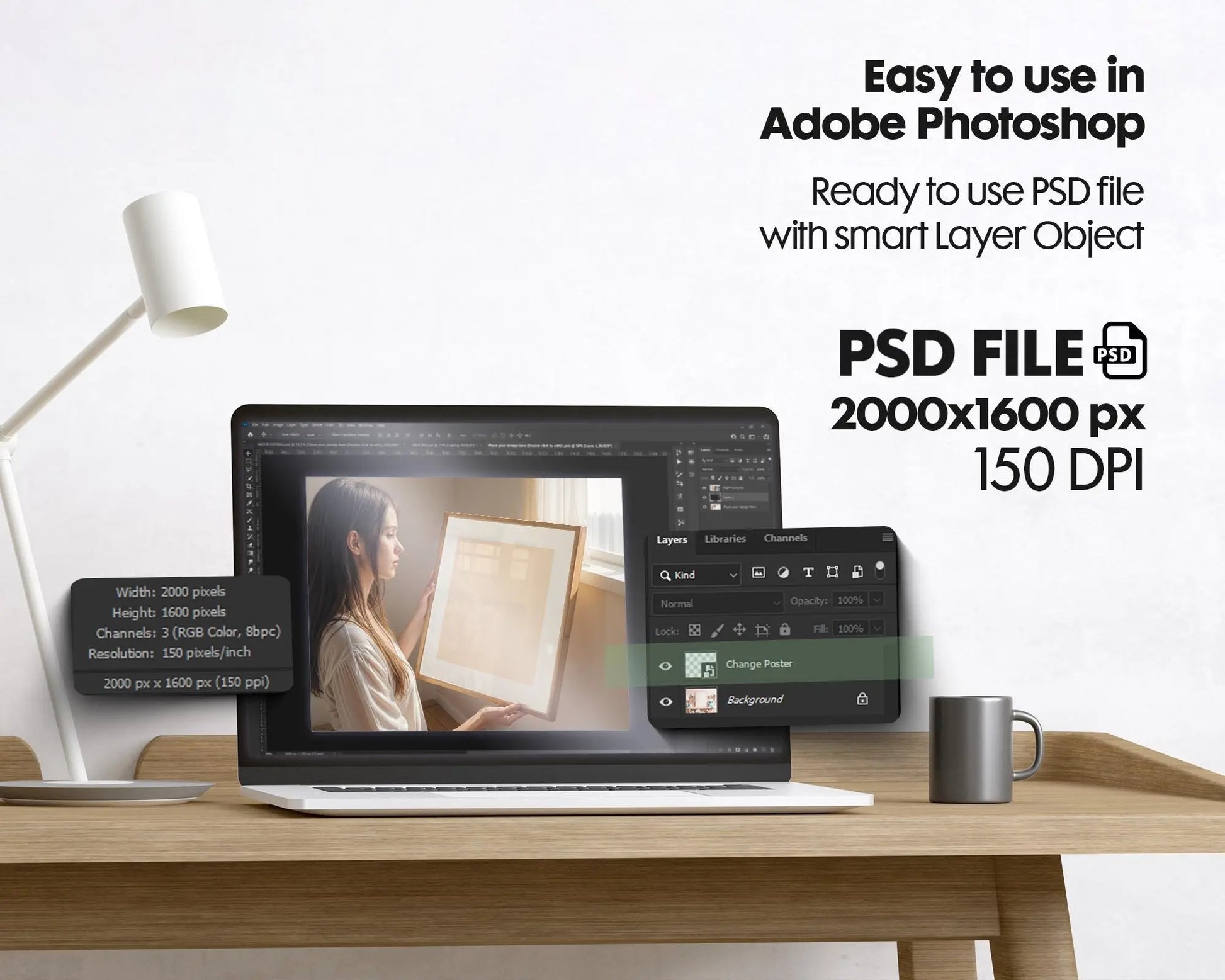 Frame Mockup With Person, PSD Photoshop Mockup, Frame Mockup Home Interior, Interior Frame Mockup Woman