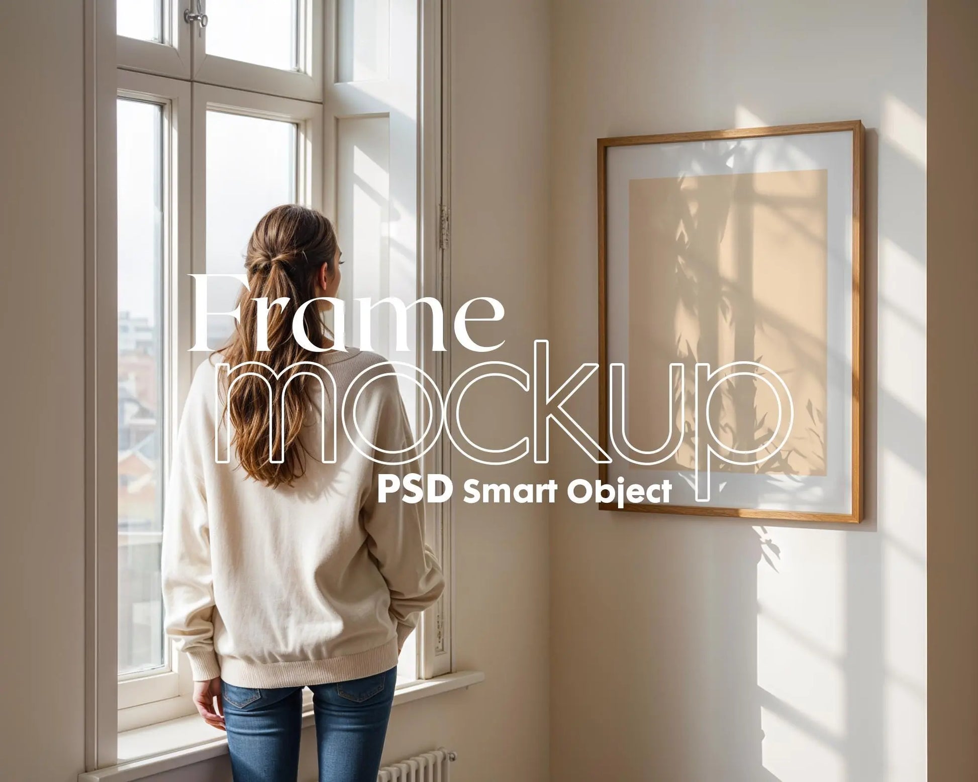 Frame Mockup With Person, PSD Photoshop Mockup, Frame Mockup Home Interior, Interior Frame Mockup Woman