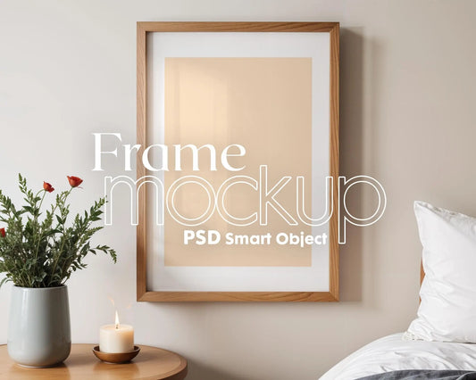 Frame Mockup in Bedroom, ISO A DIN Ratio, Thin Wood Frame, PSD Mockup, Frame Mockup Minimal Home Interior