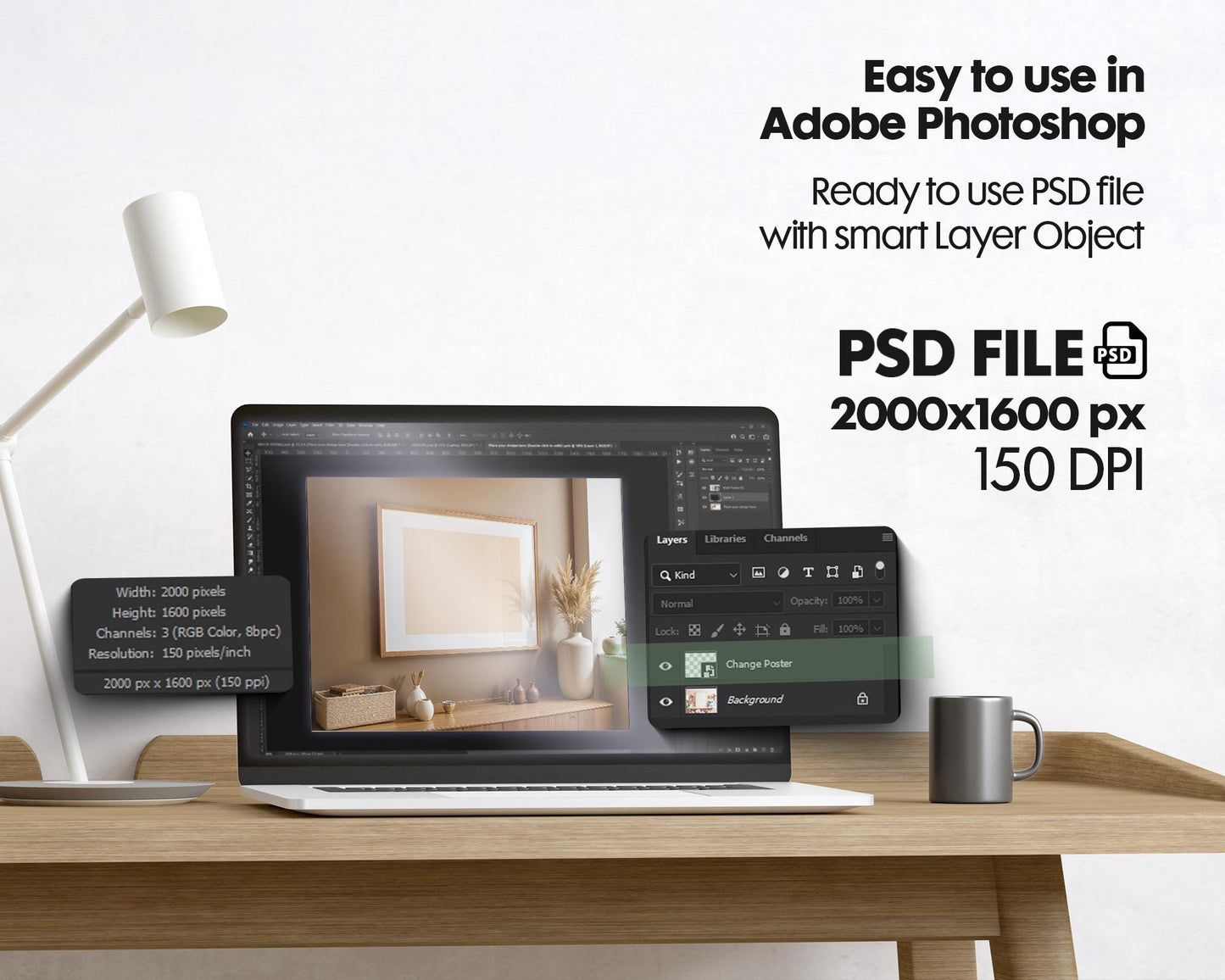 Horizontal Frame Mockup PSD, Scandinavian Wooden Frame Mockup, Poster Mockup PSD , Frame Mockup for Print, Frame Mockup Smart Object