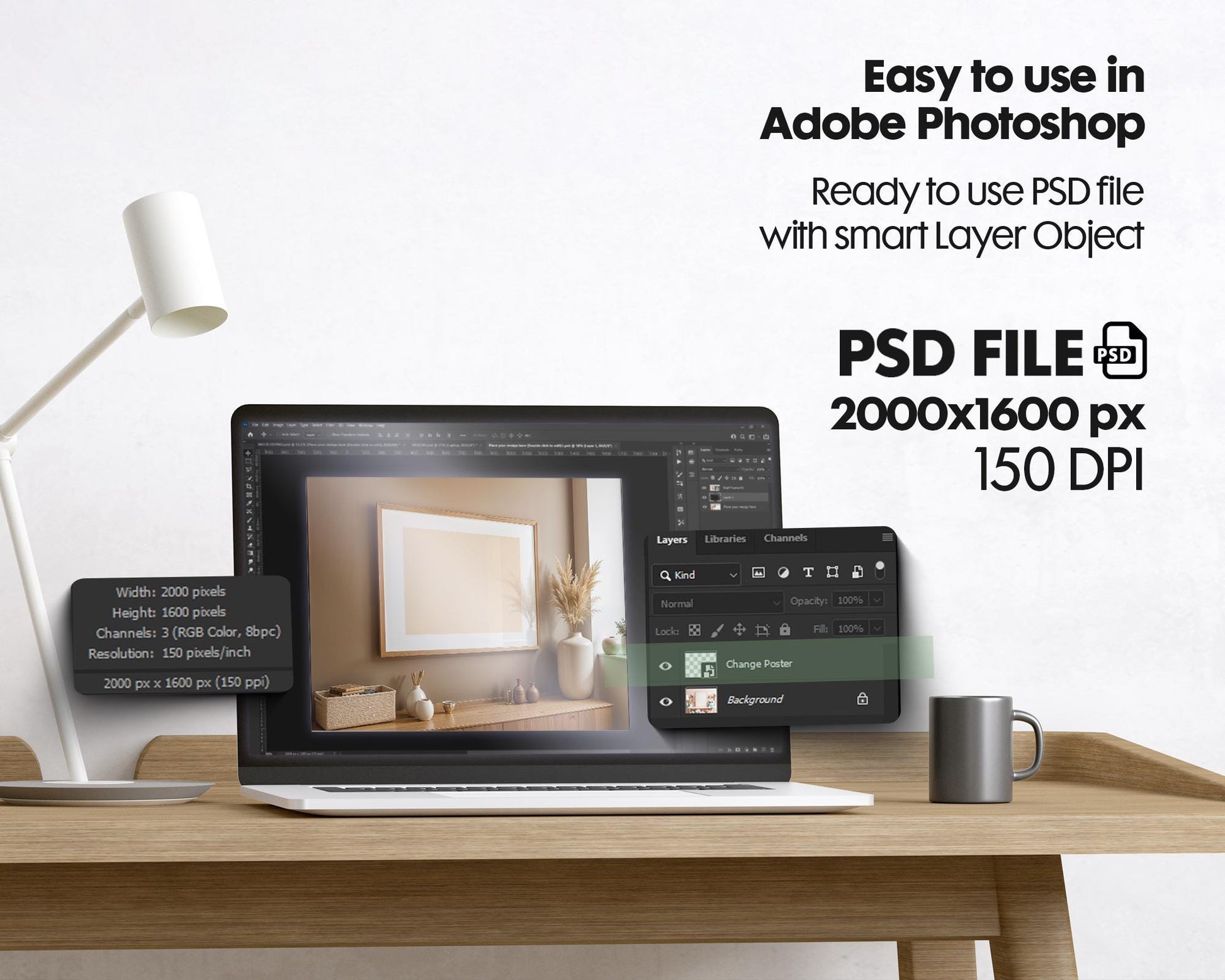 Horizontal Frame Mockup PSD, Scandinavian Wooden Frame Mockup, Poster Mockup PSD , Frame Mockup for Print, Frame Mockup Smart Object