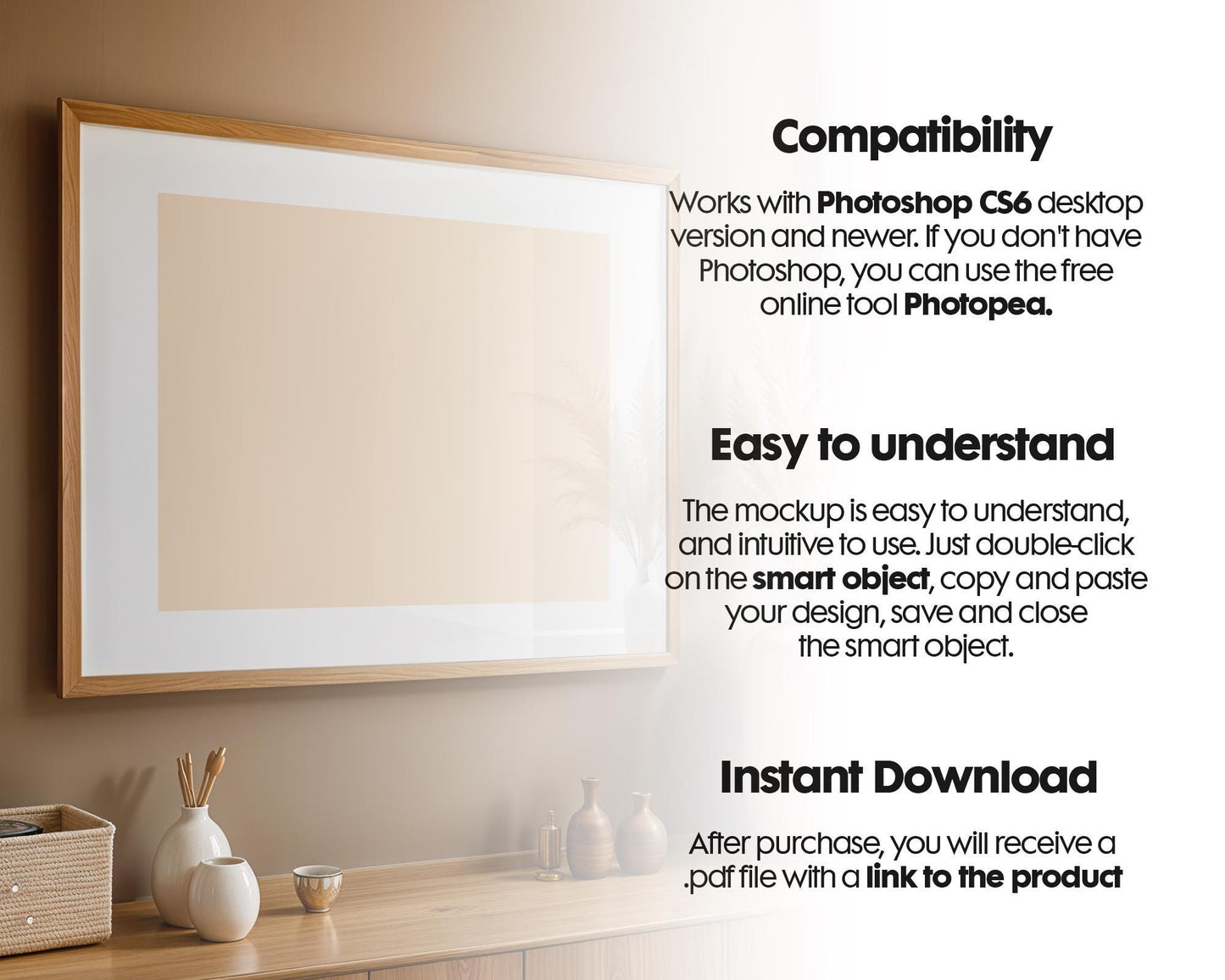 Horizontal Frame Mockup PSD, Scandinavian Wooden Frame Mockup, Poster Mockup PSD , Frame Mockup for Print, Frame Mockup Smart Object