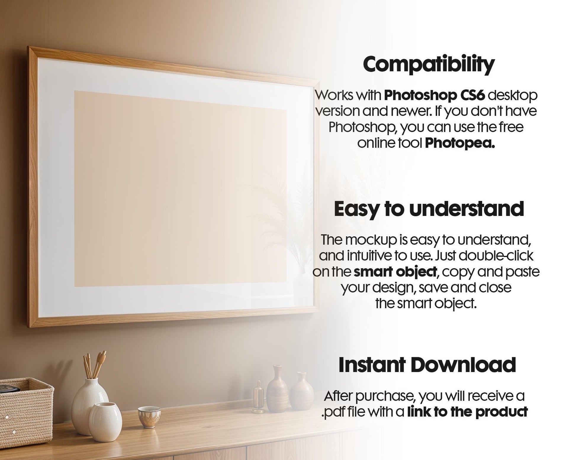 Horizontal Frame Mockup PSD, Scandinavian Wooden Frame Mockup, Poster Mockup PSD , Frame Mockup for Print, Frame Mockup Smart Object