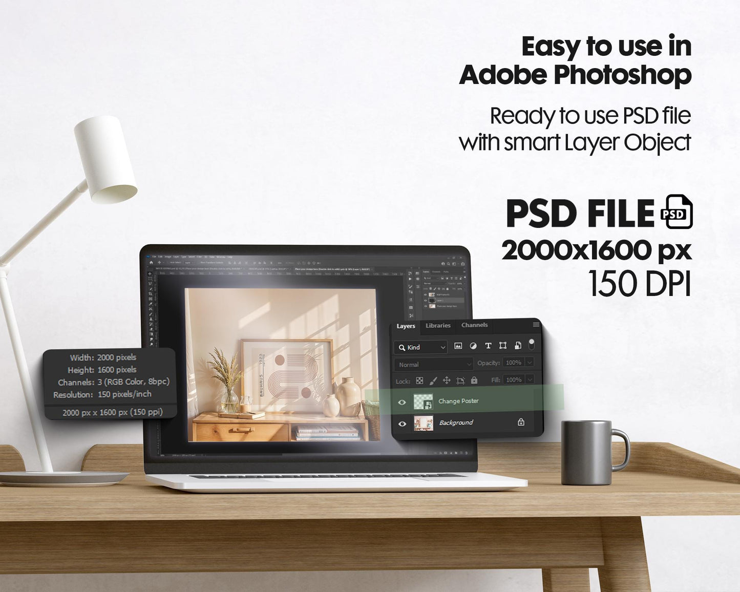 Horizontal Frame Mockup PSD, Scandinavian Wooden Frame Mockup, Poster Mockup PSD , Frame Mockup for Print, Frame Mockup Smart Object