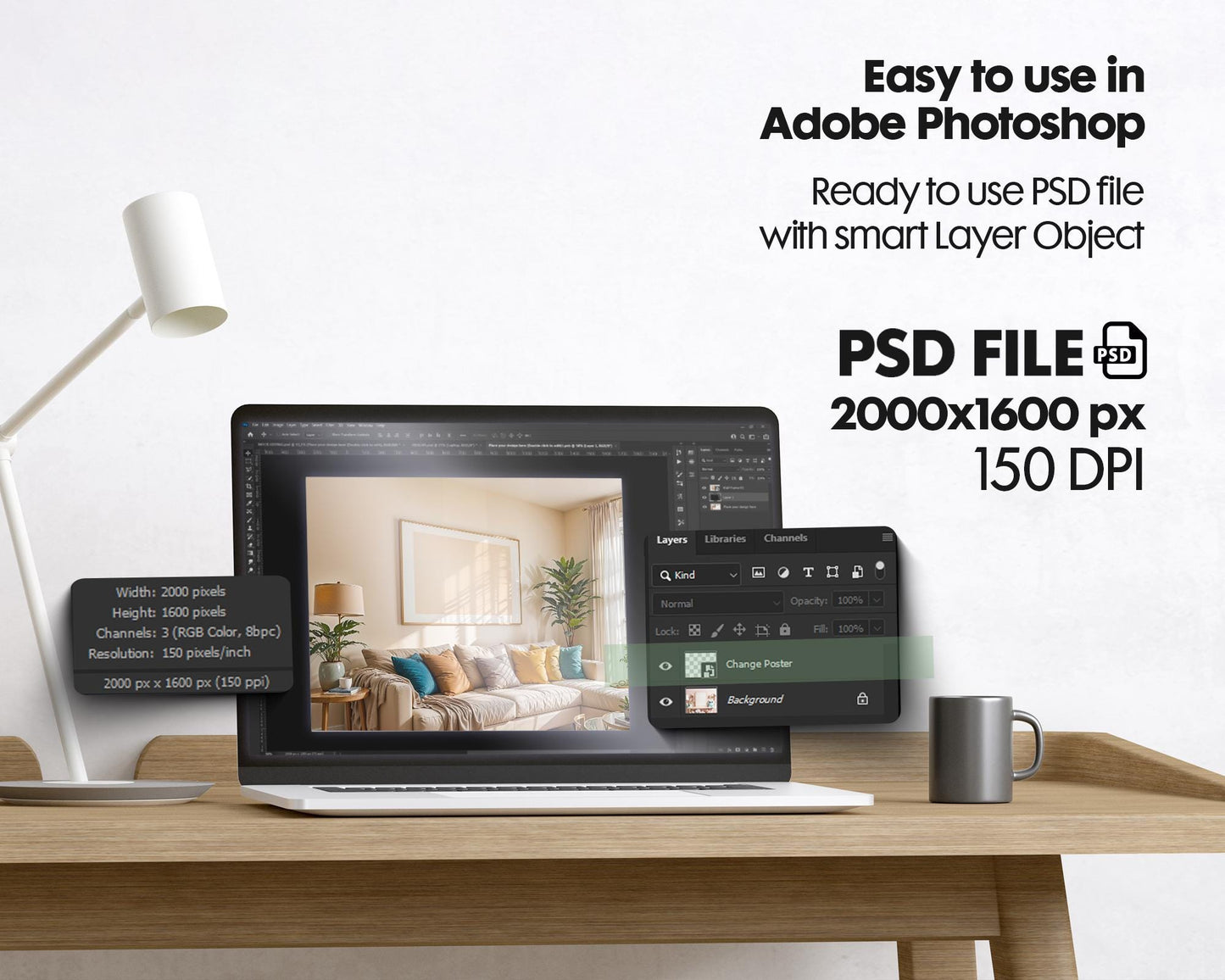 Horizontal Frame Mockup PSD, Scandinavian Wooden Frame Mockup, Poster Mockup PSD , Frame Mockup for Print, Frame Mockup Smart Object