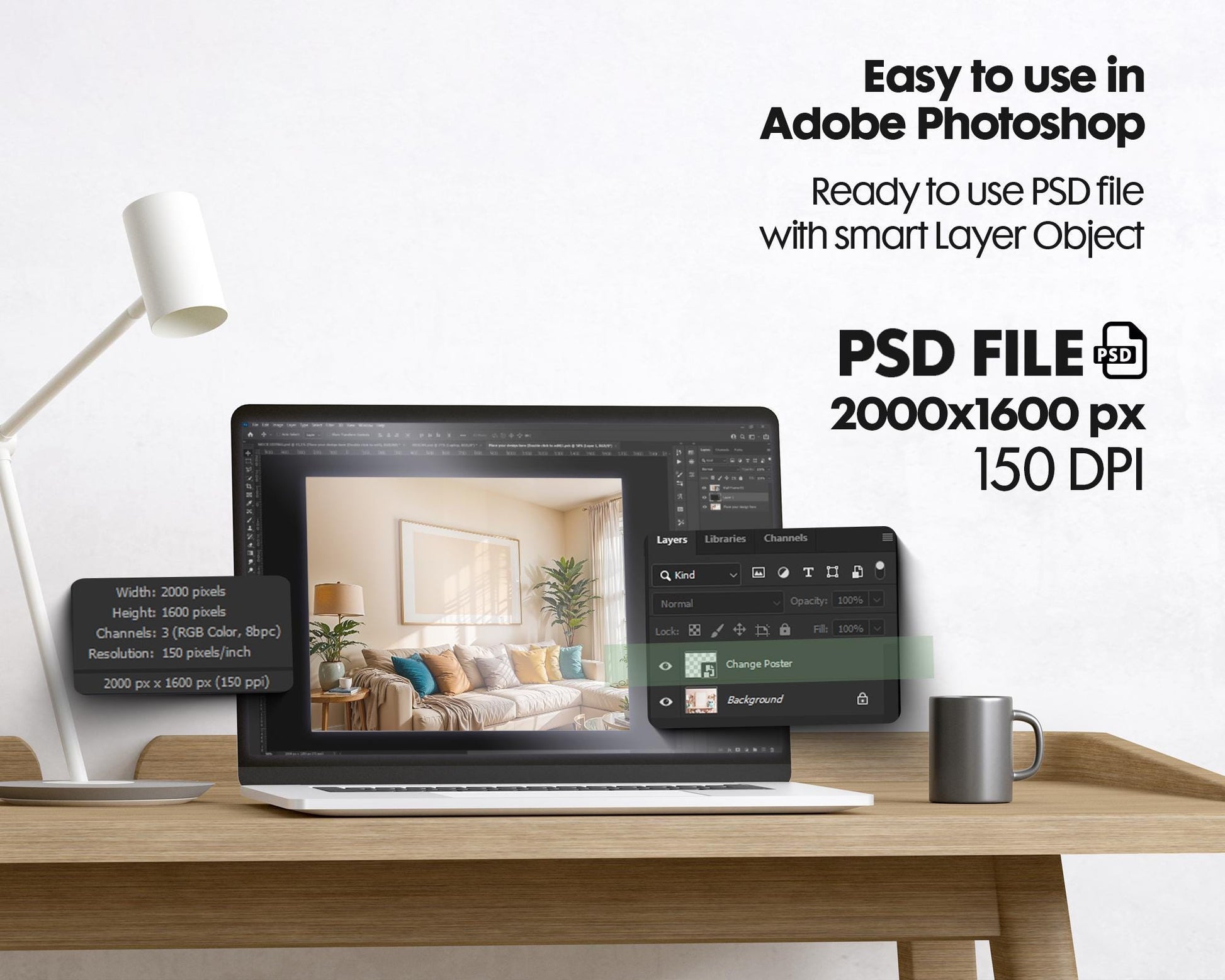 Horizontal Frame Mockup PSD, Scandinavian Wooden Frame Mockup, Poster Mockup PSD , Frame Mockup for Print, Frame Mockup Smart Object